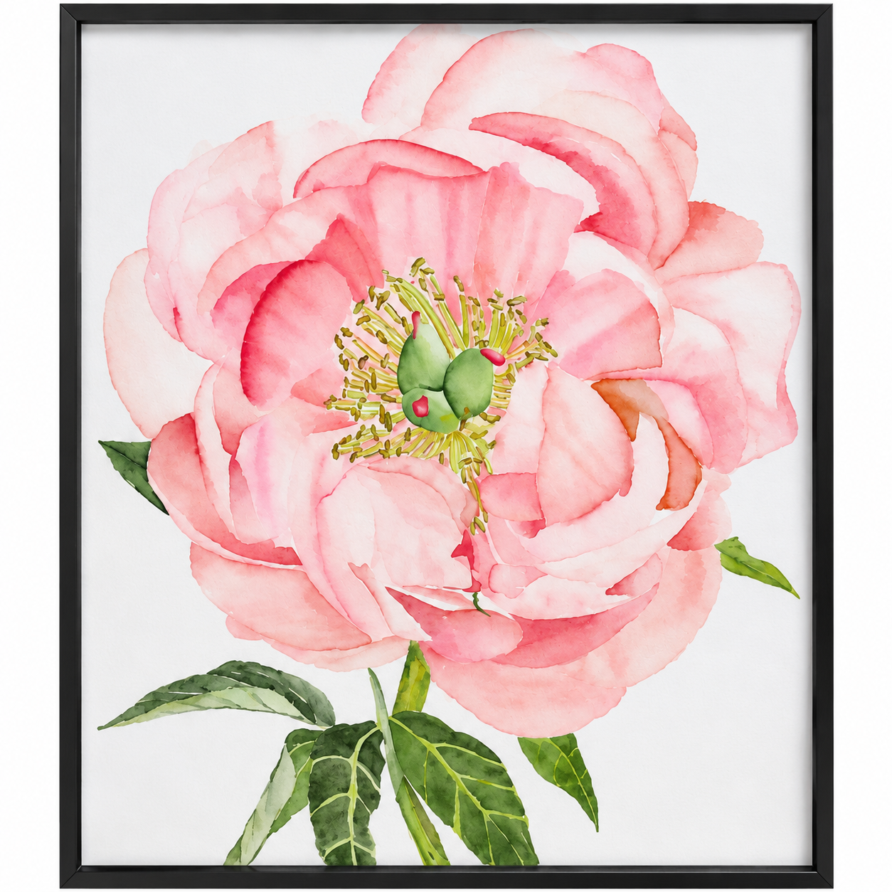 Close-up of the framed Pretty in Peony watercolor print showing soft blush pink petals, deeper rose details, a green floral center, and leafy stem.