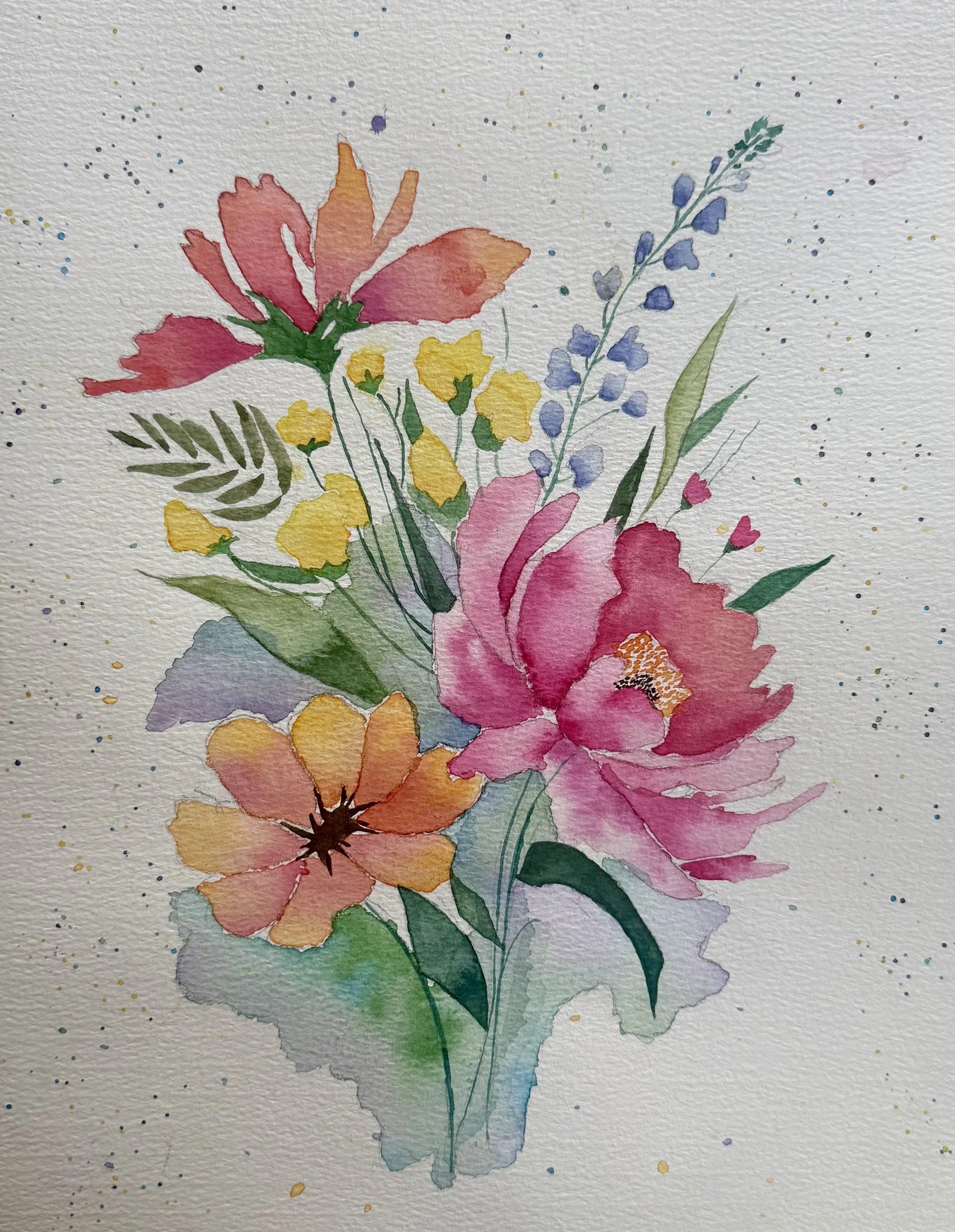 A watercolor painting of a floral arrangement with pink, yellow, and purple flowers and green leaves on textured paper with colorful speckles.
