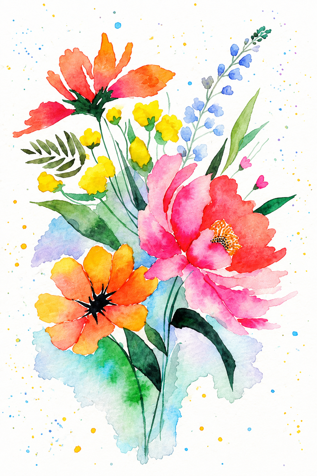 8x10 Wildflower Bouquet watercolor art print featuring colorful pink, orange, yellow, blue, and green flowers.