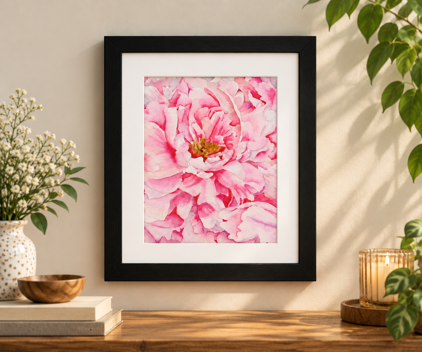 7f7a3f94-311a-4d0f-8b9c-a8e3Pink peony watercolor 8x10 print displayed in a black 11x14 frame on a warm neutral wall with botanical decor.a22ad7a6.png