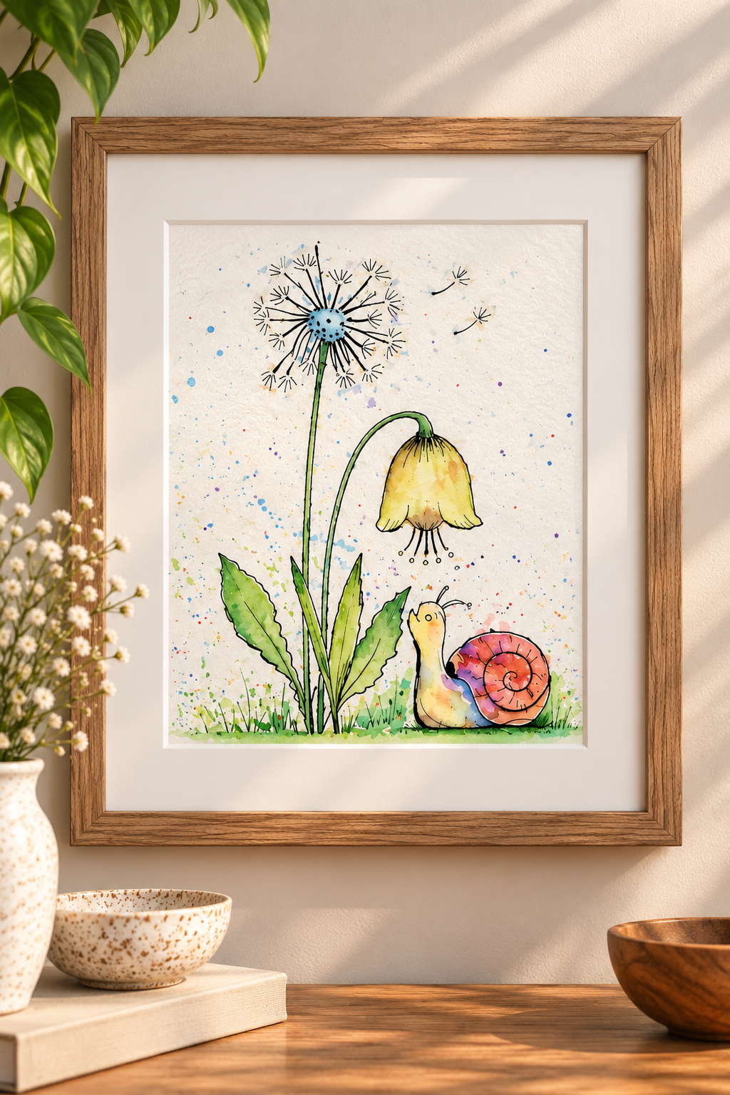Whimsical watercolor print featuring a colorful snail beneath a yellow flower and dandelion, displayed with a white mat in an 11x14 frame.