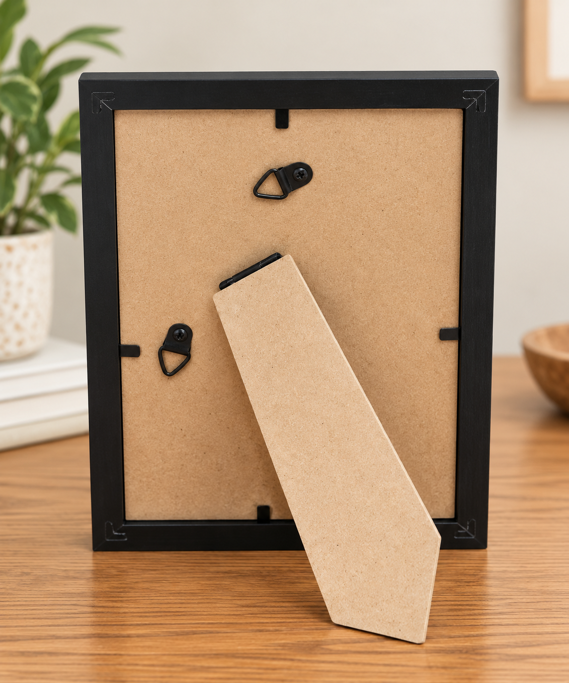 Back of the Petal Upon Petal 8x10 black picture frame showing the tabletop easel stand and hanging hardware.