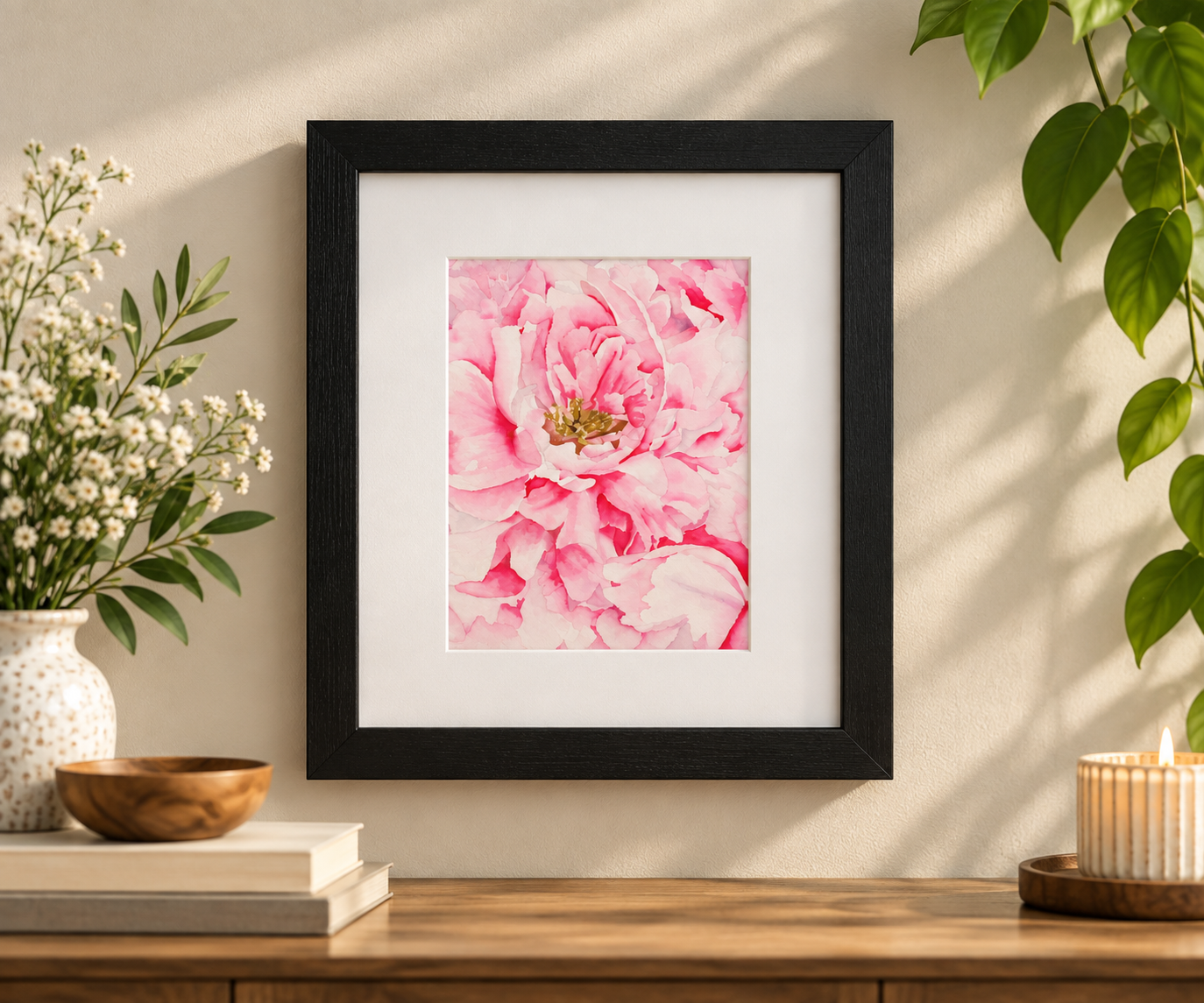 Pink peony watercolor 5x7 print with an 8x10 white mat, displayed in a black 11x14 frame on a warm neutral wall with botanical decor.