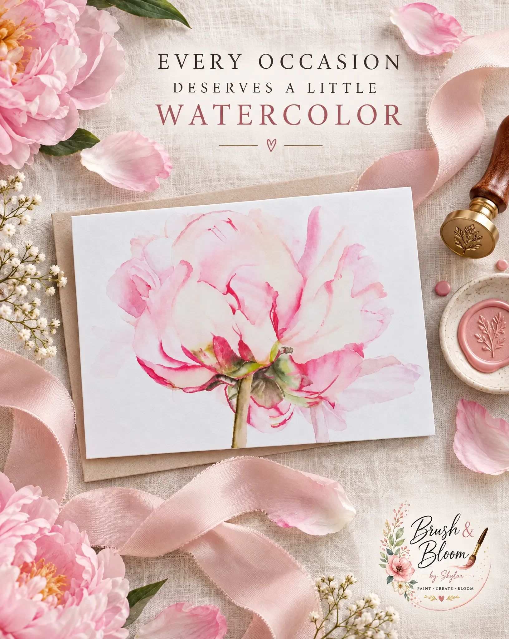 Blushing Peony | Watercolor Greeting Card Print | 5×7