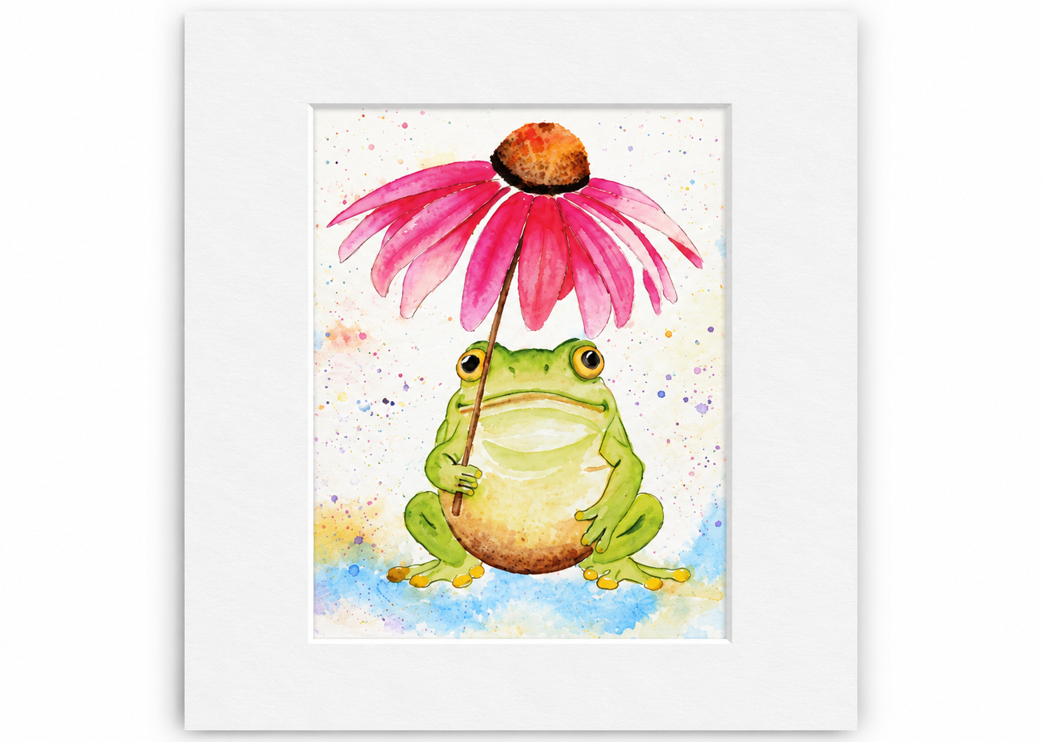 Under the Coneflower 5x7 watercolor print featuring a green frog holding a pink coneflower, displayed in a white 8x10 mat.