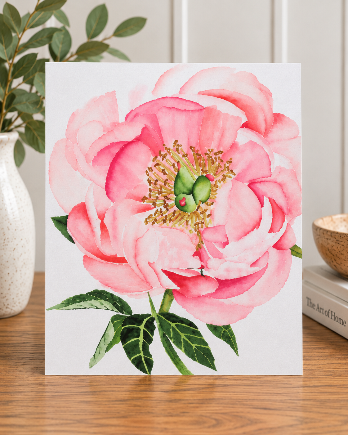 Pink peony watercolor art print featuring soft blush petals, a detailed floral center, and green leaves.