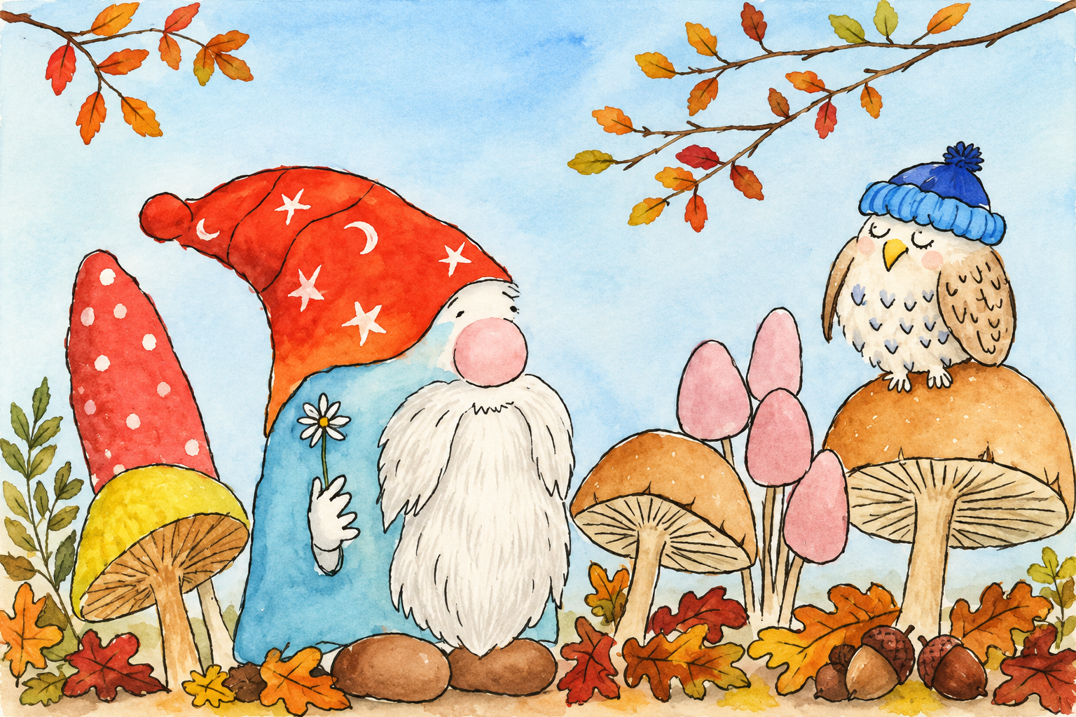 Autumn Woodland Wishes | Gnome & Owl Watercolor Print | 5x7