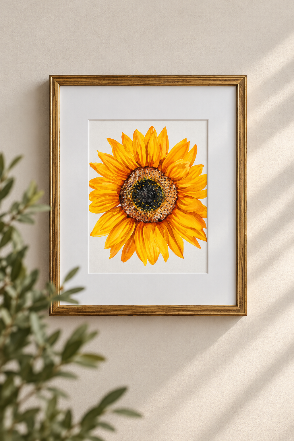 Framed sunflower watercolor print with vibrant golden-yellow petals and a dark textured center, displayed in a gold frame with a white mat on a softly lit neutral wall.