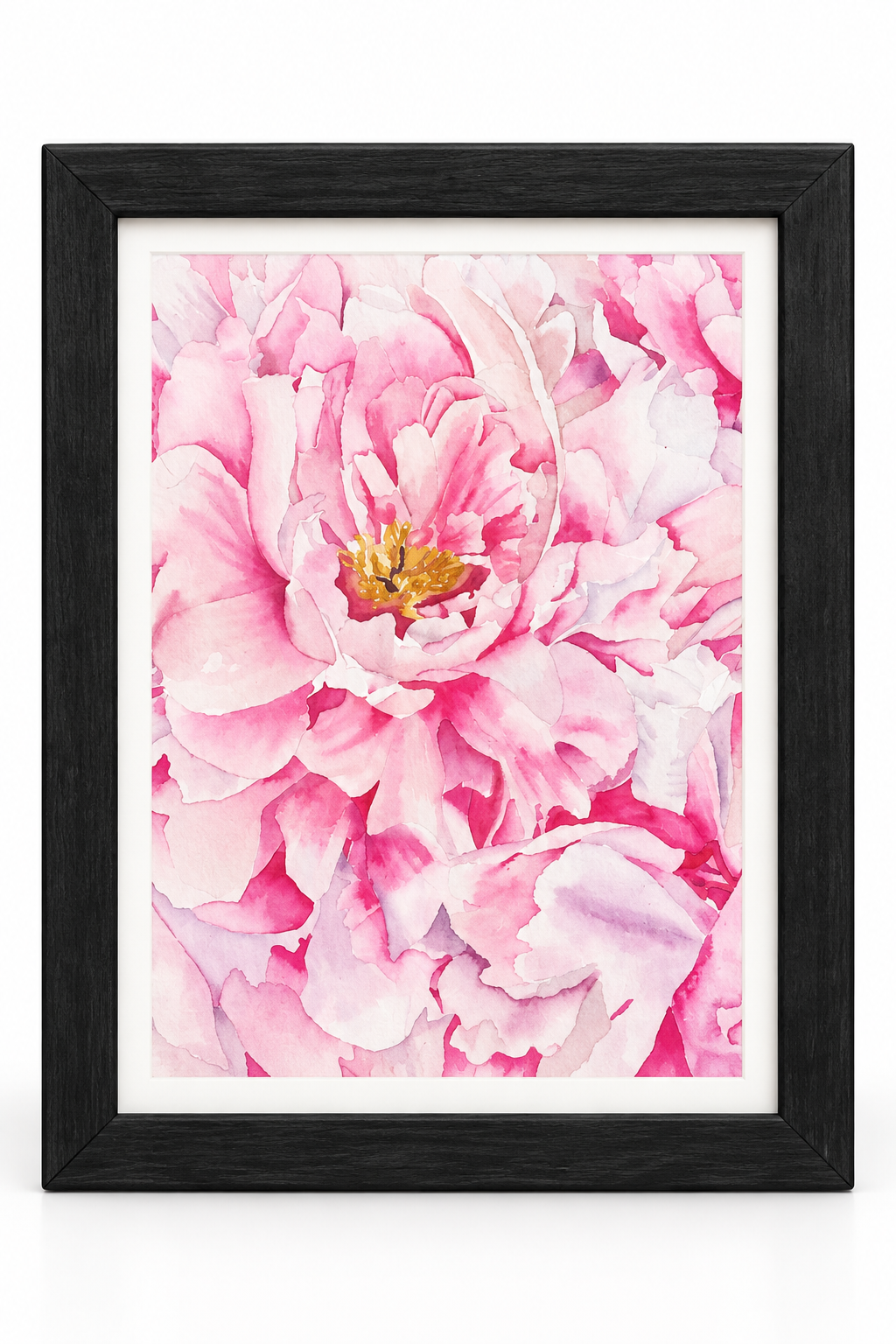Petals Upon Petals 5x7 framed watercolor print featuring a close-up pink peony with layered blush petals in a black frame.