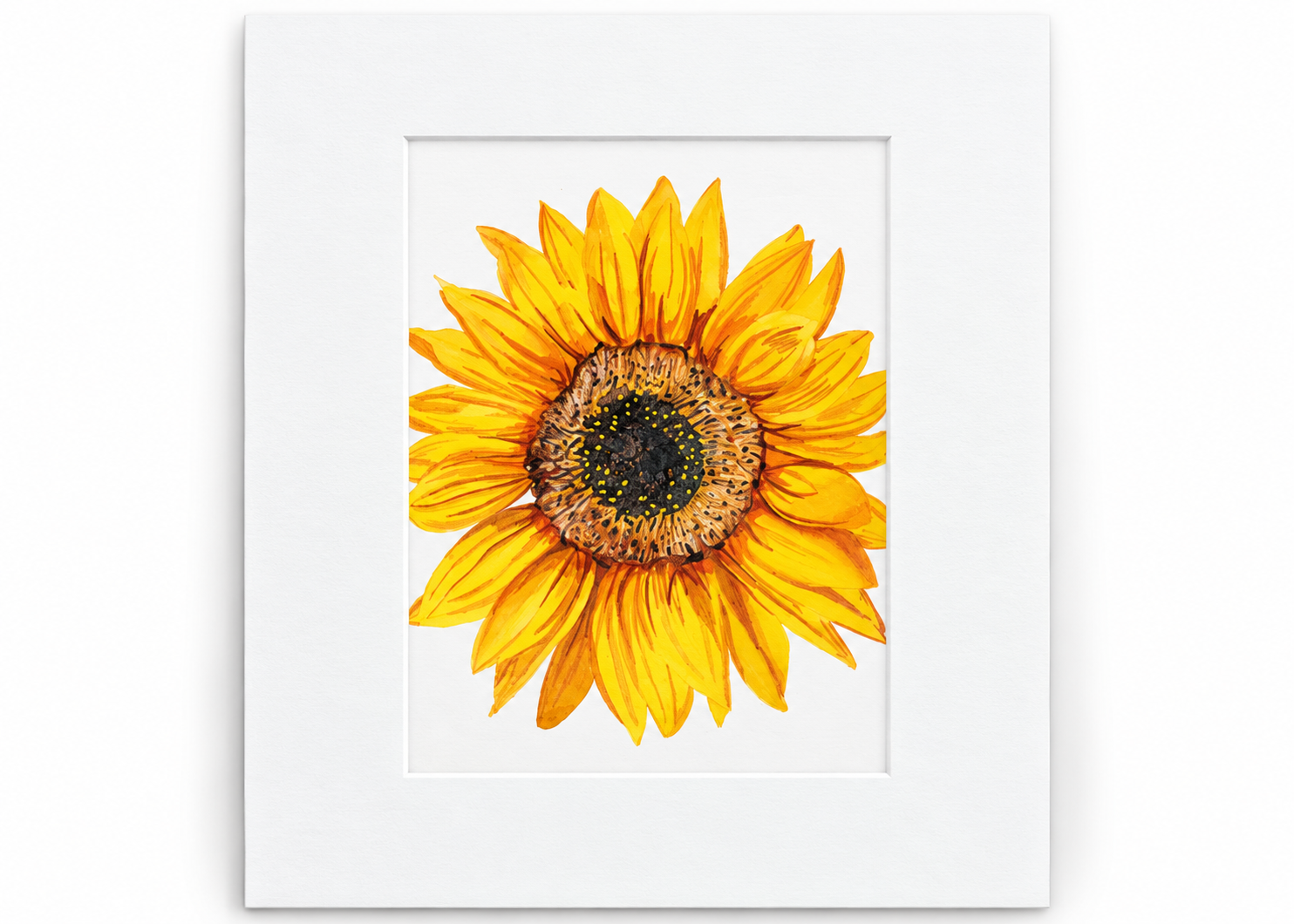 Sun-Kissed Sunflower 5x7 watercolor print featuring a golden yellow sunflower displayed in a white 8x10 mat.