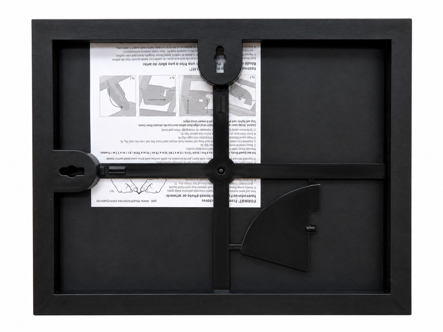Back of the black Blushing Peony 8x10 frame showing the built-in easel stand and hardware for horizontal wall hanging.
