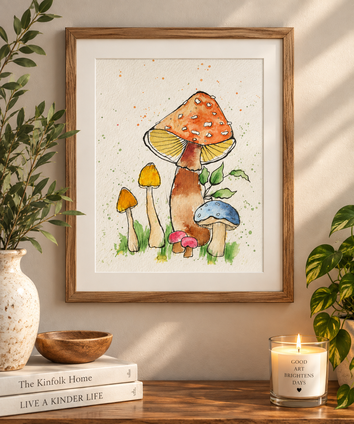 Whimsical watercolor mushroom print in a natural wood frame with a white mat, displayed on a warm neutral wall with plants and cozy botanical décor.