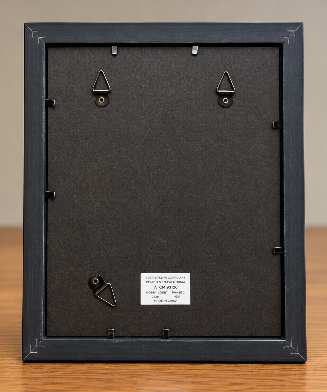 Back of the Under the Coneflower 8x10 black frame showing the dark backing, frame fasteners, and metal wall-hanging hardware.