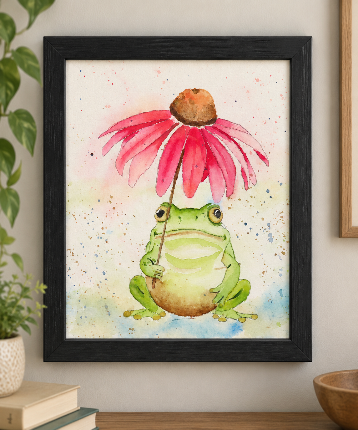 Under the Coneflower 8x10 framed watercolor print featuring a green frog holding a pink coneflower like an umbrella.