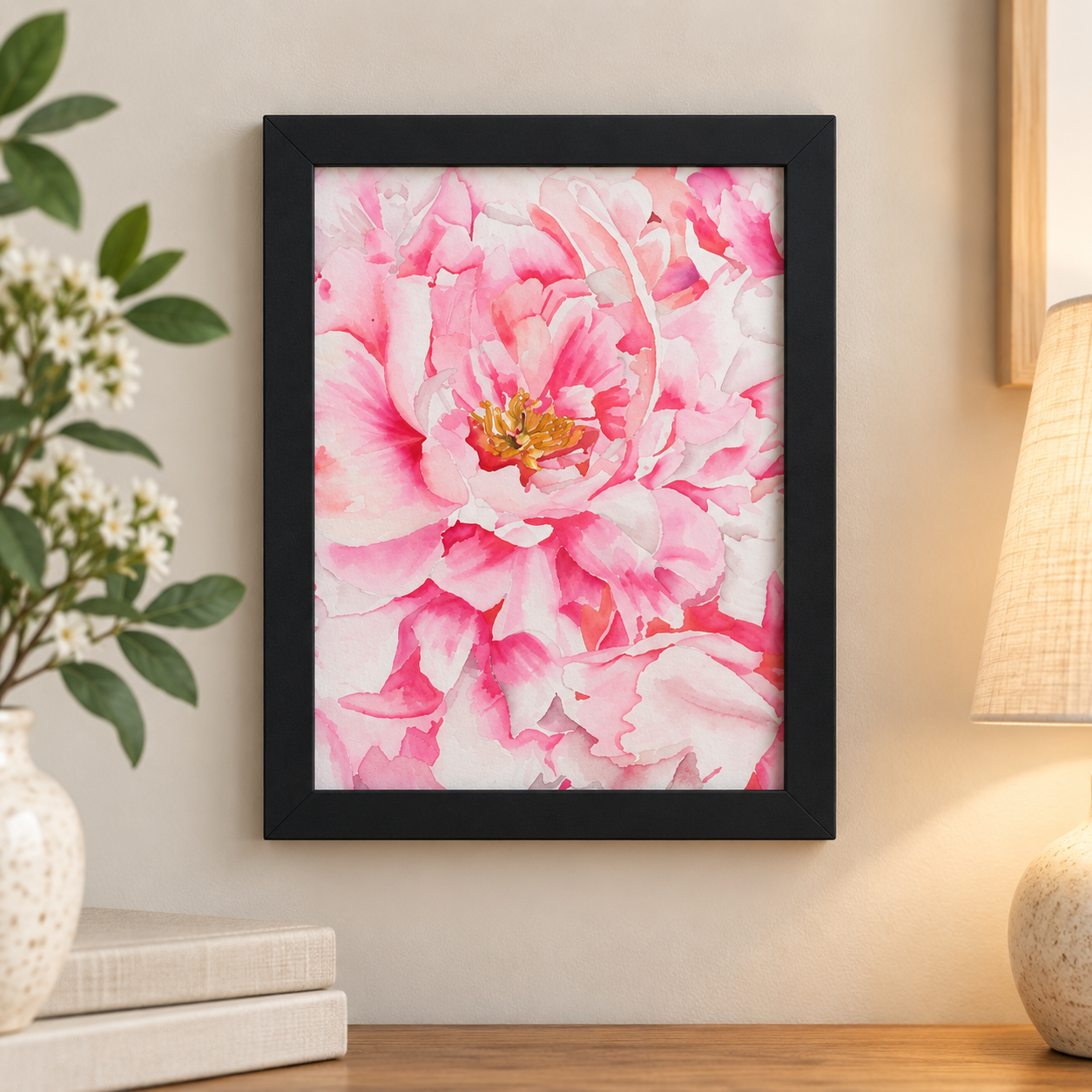 Petals Upon Petals | Framed Pink Peony Watercolor Print | 8x10