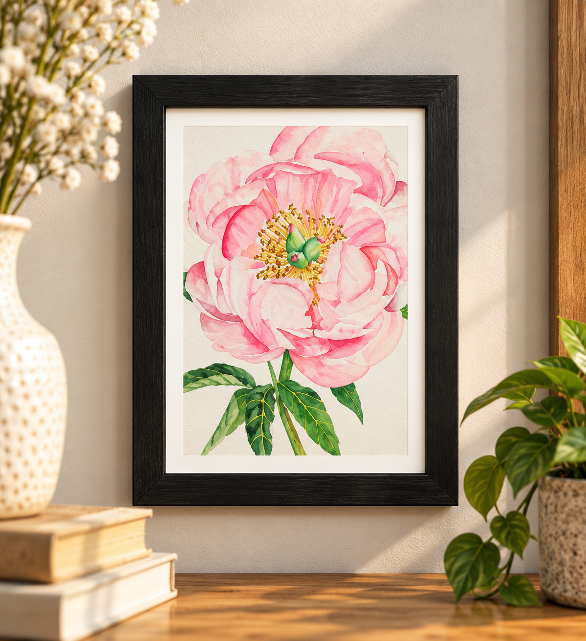 Pretty in Peony 5x7 framed watercolor print displayed on a wall, featuring a delicate pink peony and green botanical leaves.