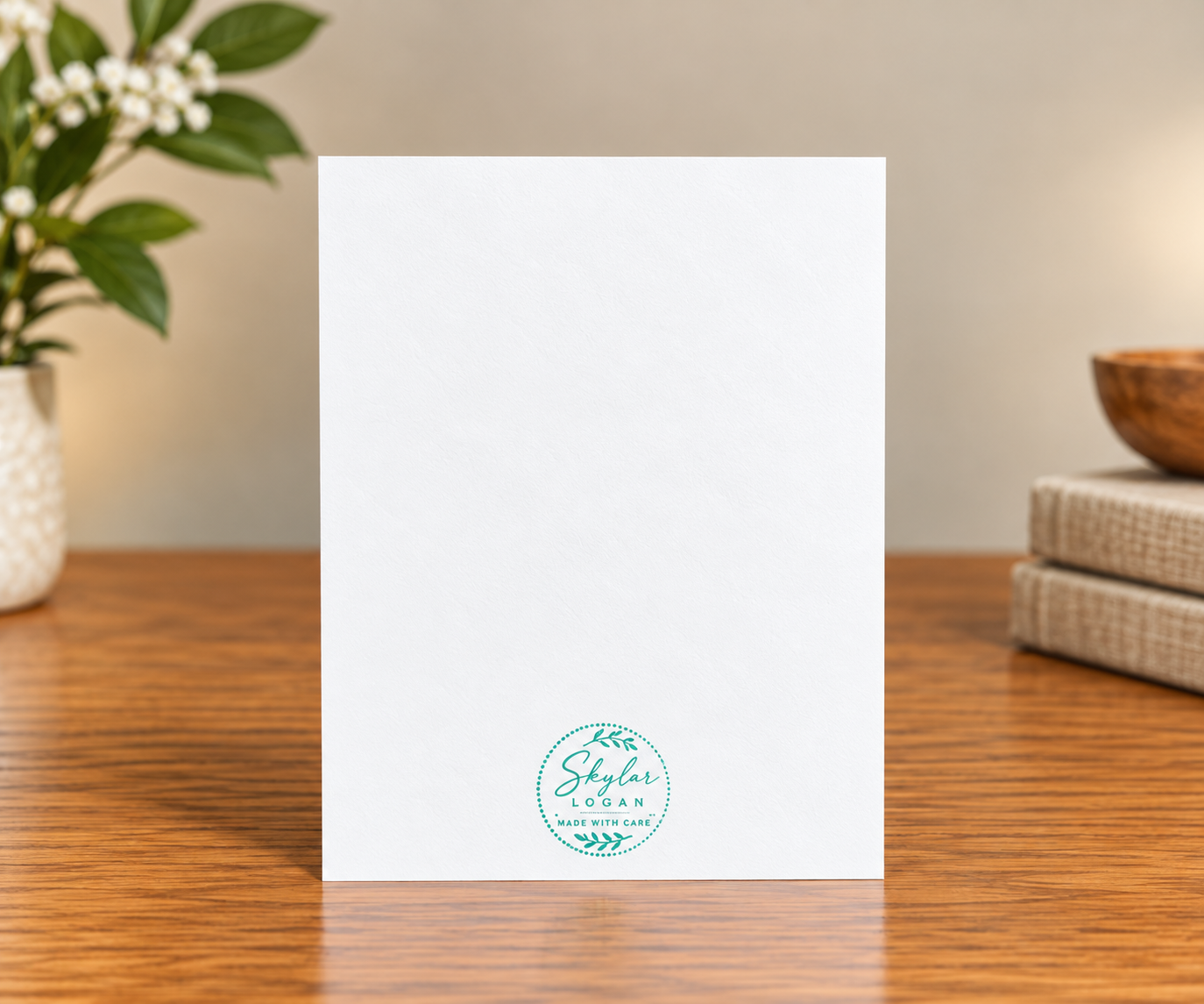 Back of Velvet Bloom 3.5 by 5 inch floral greeting card with artist branding printed near the bottom.