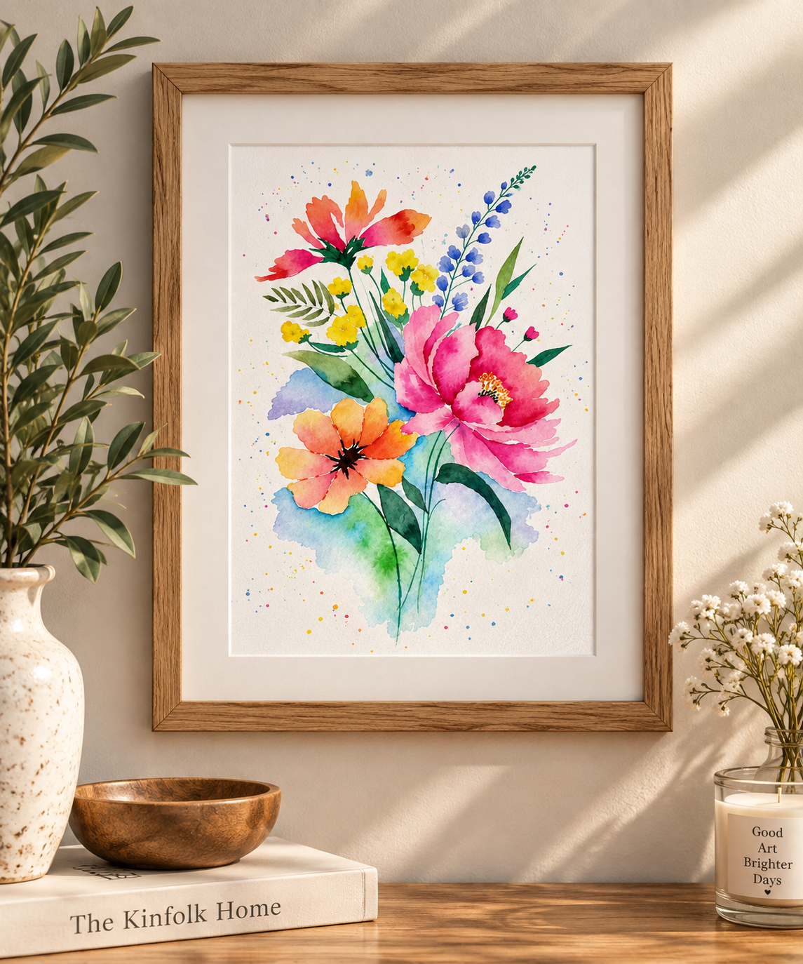Framed 5x7 colorful watercolor floral art print displayed on a warm neutral wall in a natural wood frame with botanical decor.