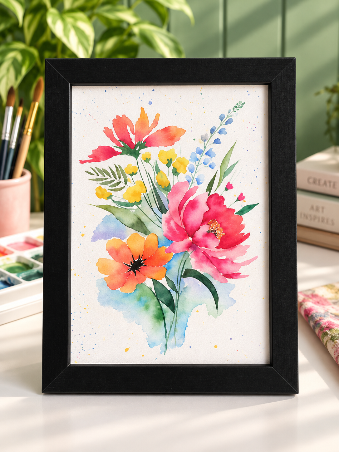 Colorful floral watercolor print in a black frame with a white mat