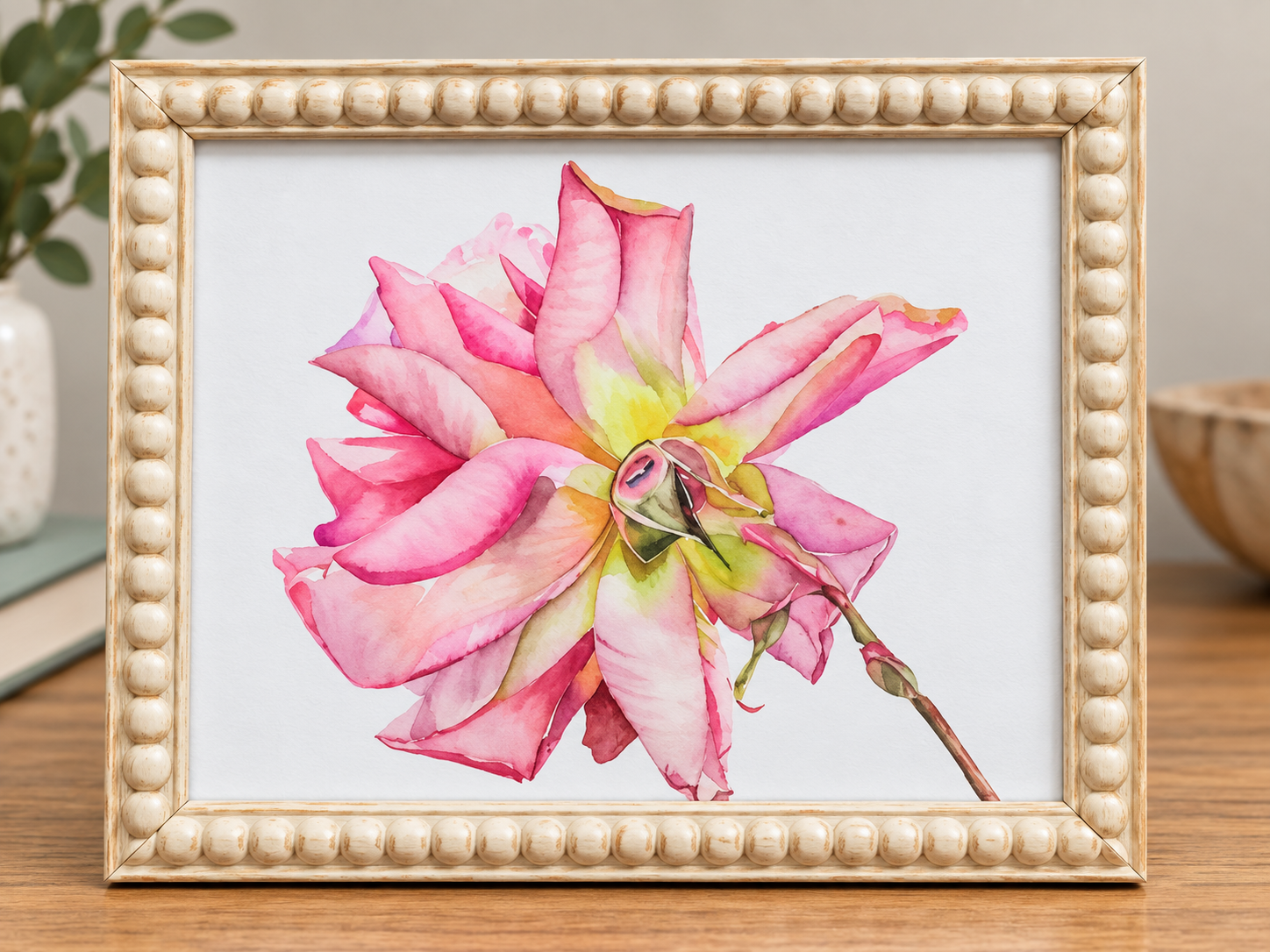 Whispering Petals pink floral watercolor print displayed in a decorative ivory 8x10 frame.