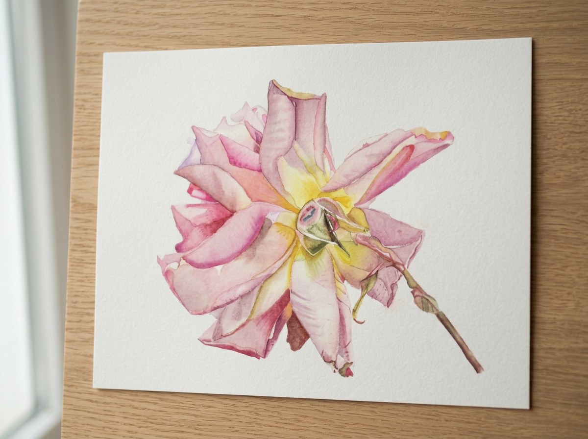 Watercolor painting of a pink and yellow rose on white textured paper.