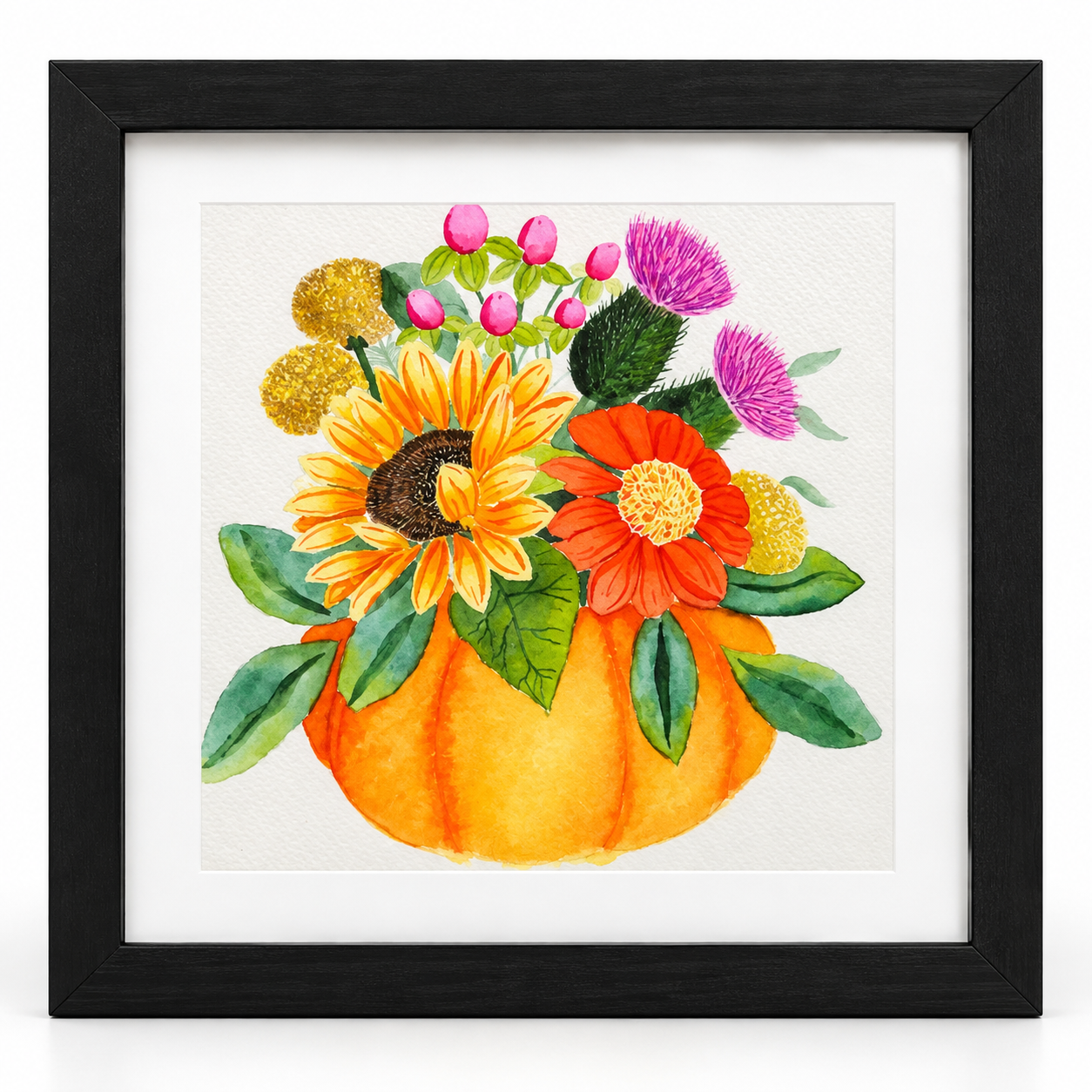 Autumn Abundance 6x6 watercolor print featuring colorful fall flowers arranged in an orange pumpkin, displayed in an 8x8 black frame with white mat.