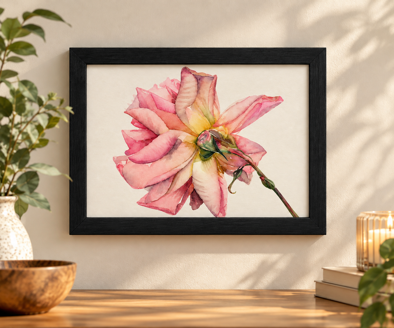 Pink floral watercolor print in a black frame displayed on a warm cream wall above a wooden console, styled with greenery, books, and a candle.