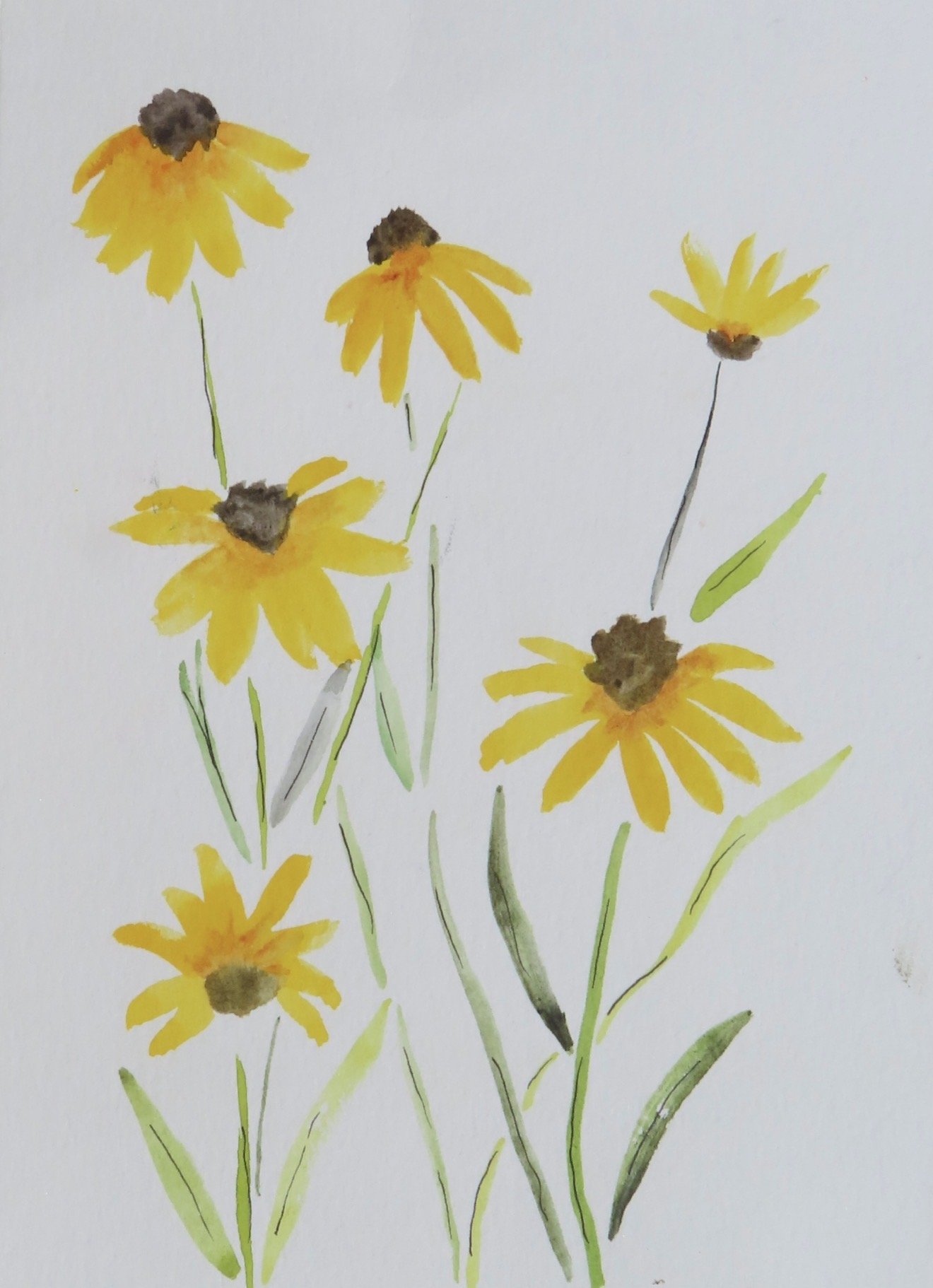 Watercolor painting of yellow flowers with dark centers and green stems on white background.