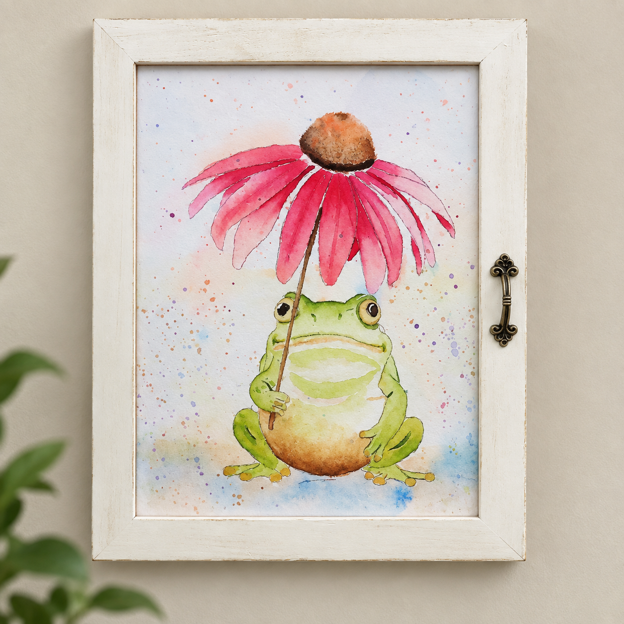 Under the Coneflower | Framed Frog Watercolor Print | 8x10