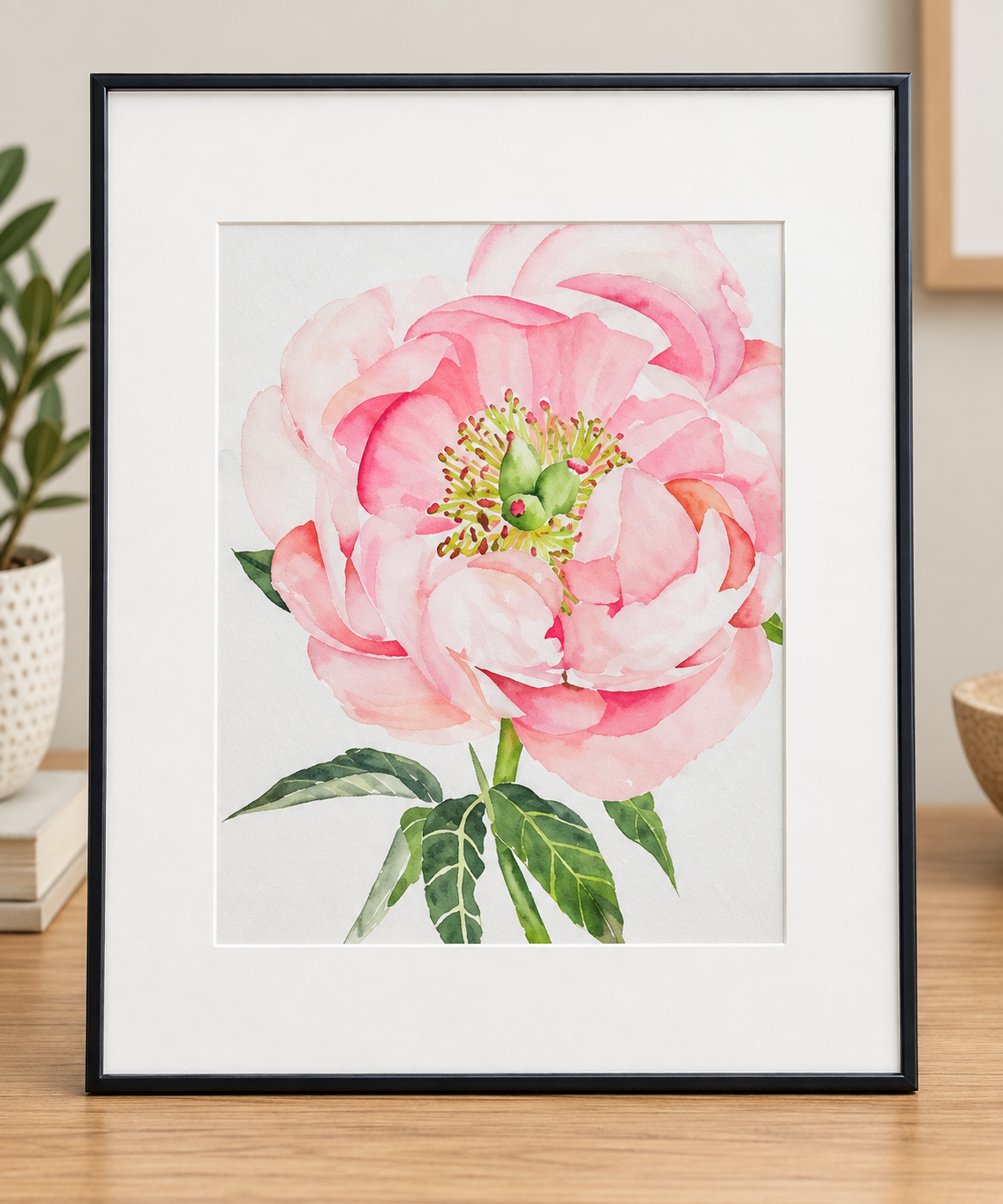 Pretty in Peony 5x7 pink watercolor floral print displayed with a white mat in a black 8x10 frame.