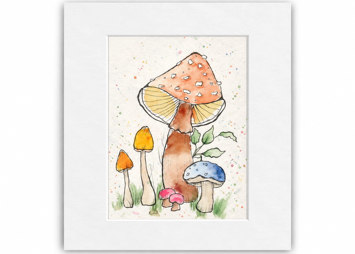 A Little Magic 5x7 watercolor print featuring colorful whimsical mushrooms displayed in a white 8x10 mat.