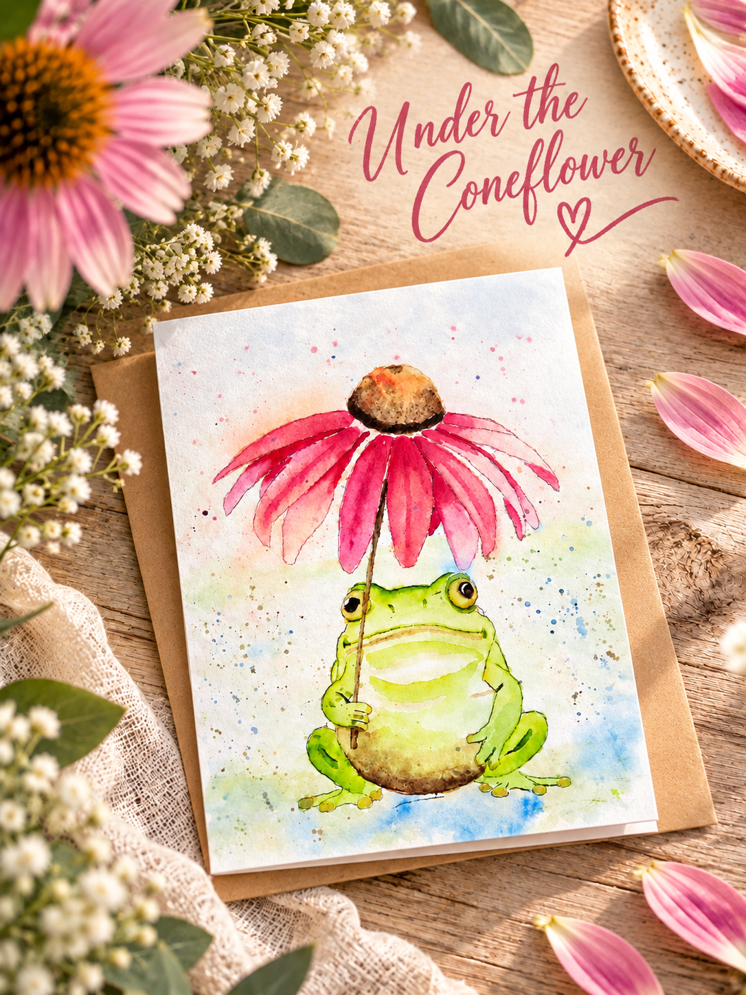 Under the Coneflower watercolor greeting card featuring a green frog holding a pink coneflower, styled with flowers on a rustic tabletop.