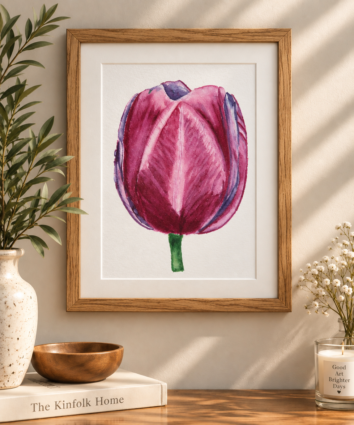 Velvet Bloom watercolor tulip art print displayed in a natural wood frame on a warm neutral wall with botanical décor.