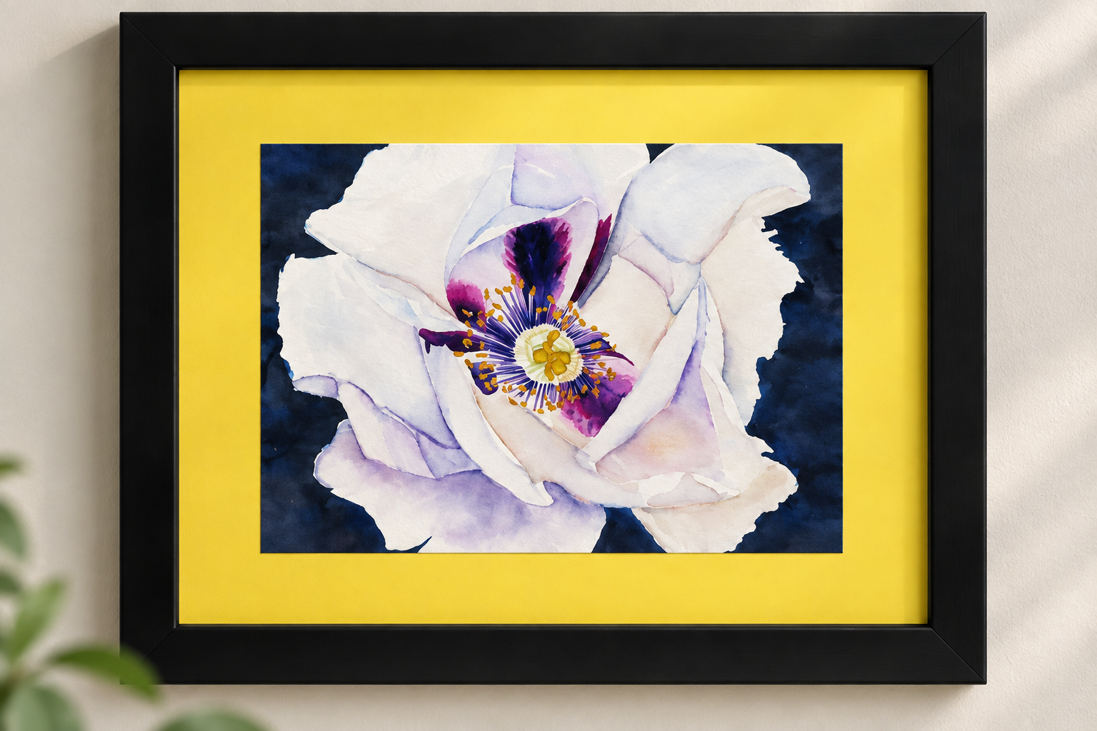 Quiet Bloom 5x7 watercolor print featuring a soft white and lavender flower with a purple and golden center, displayed with a yellow mat in a black 8x10 frame.