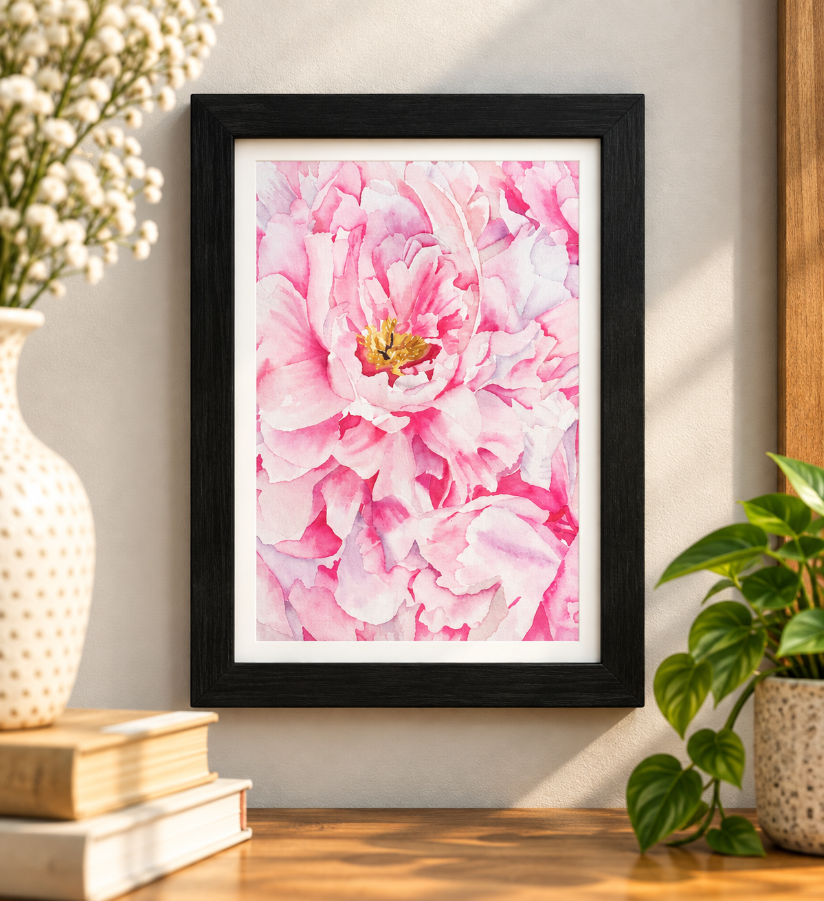 Petals Upon Petals pink peony watercolor print displayed in a black frame on a neutral wall with warm botanical decor.
