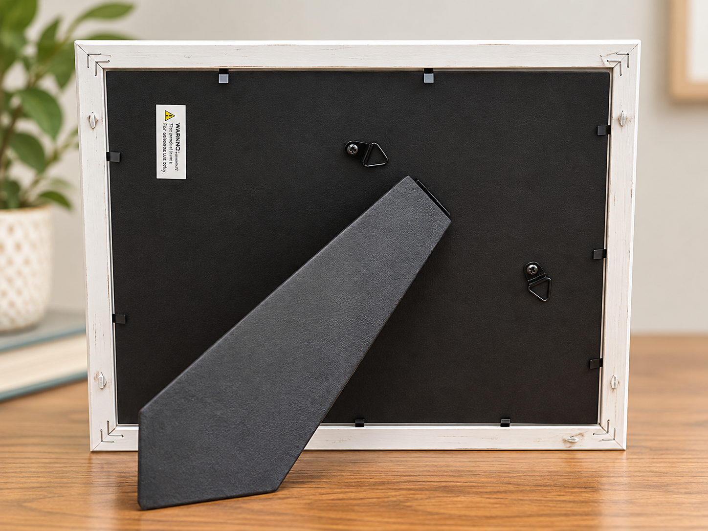 Back of the Whispering Petals 8x10 ivory frame showing black backing, easel stand, frame clips, and hanging hardware.