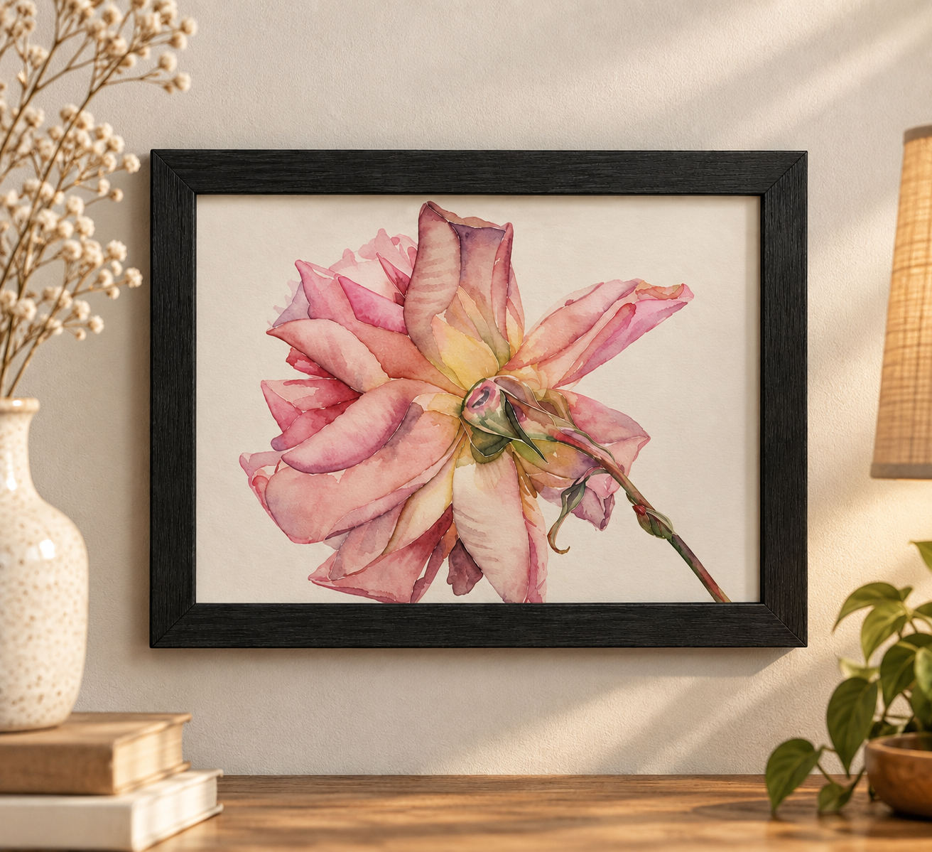 Whispering Petals pink floral watercolor print displayed in a black frame on a warm neutral wall with cozy botanical decor.
