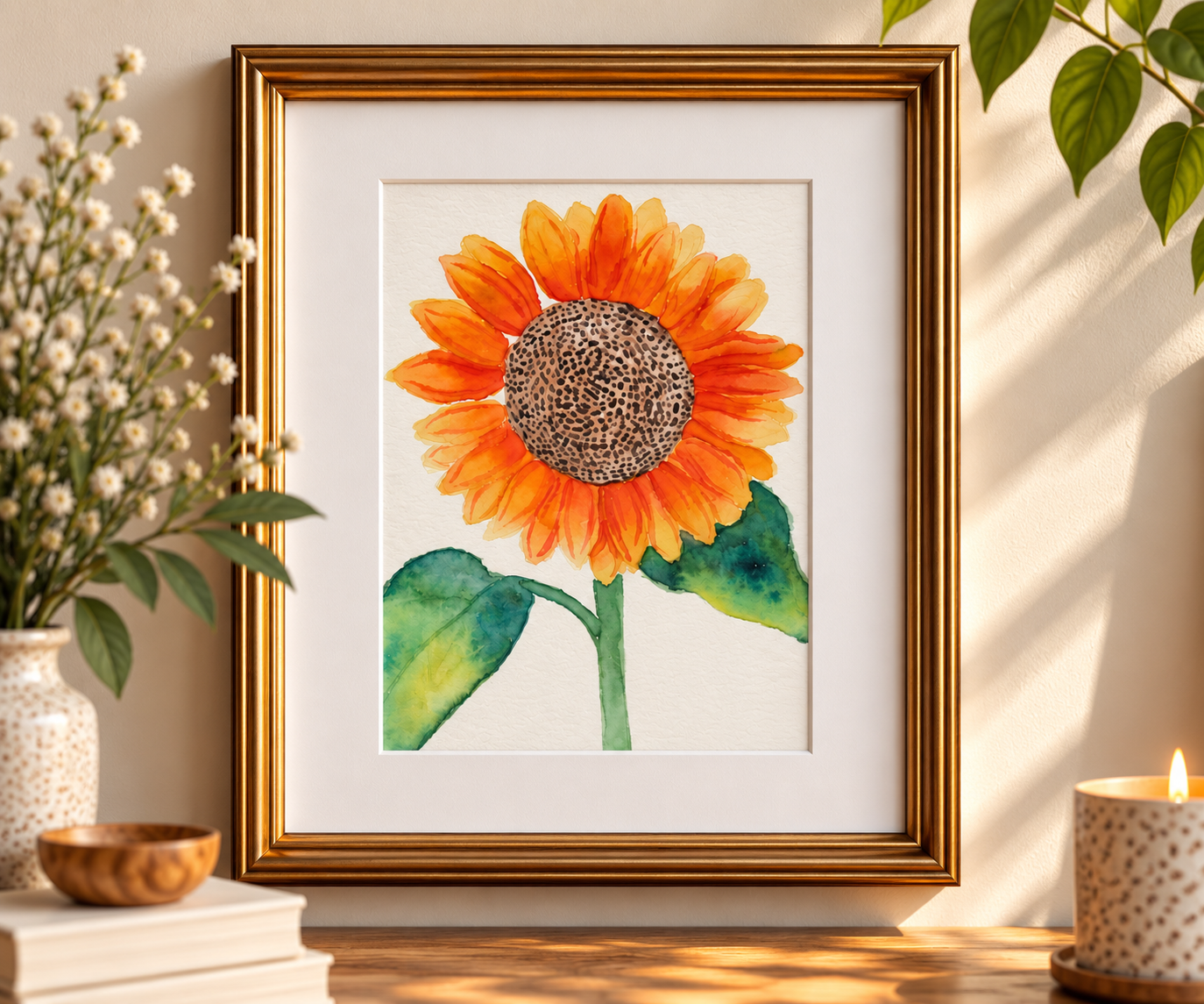 Golden Hour | Sunflower Watercolor Print | 5×7 with 8×10 Mat