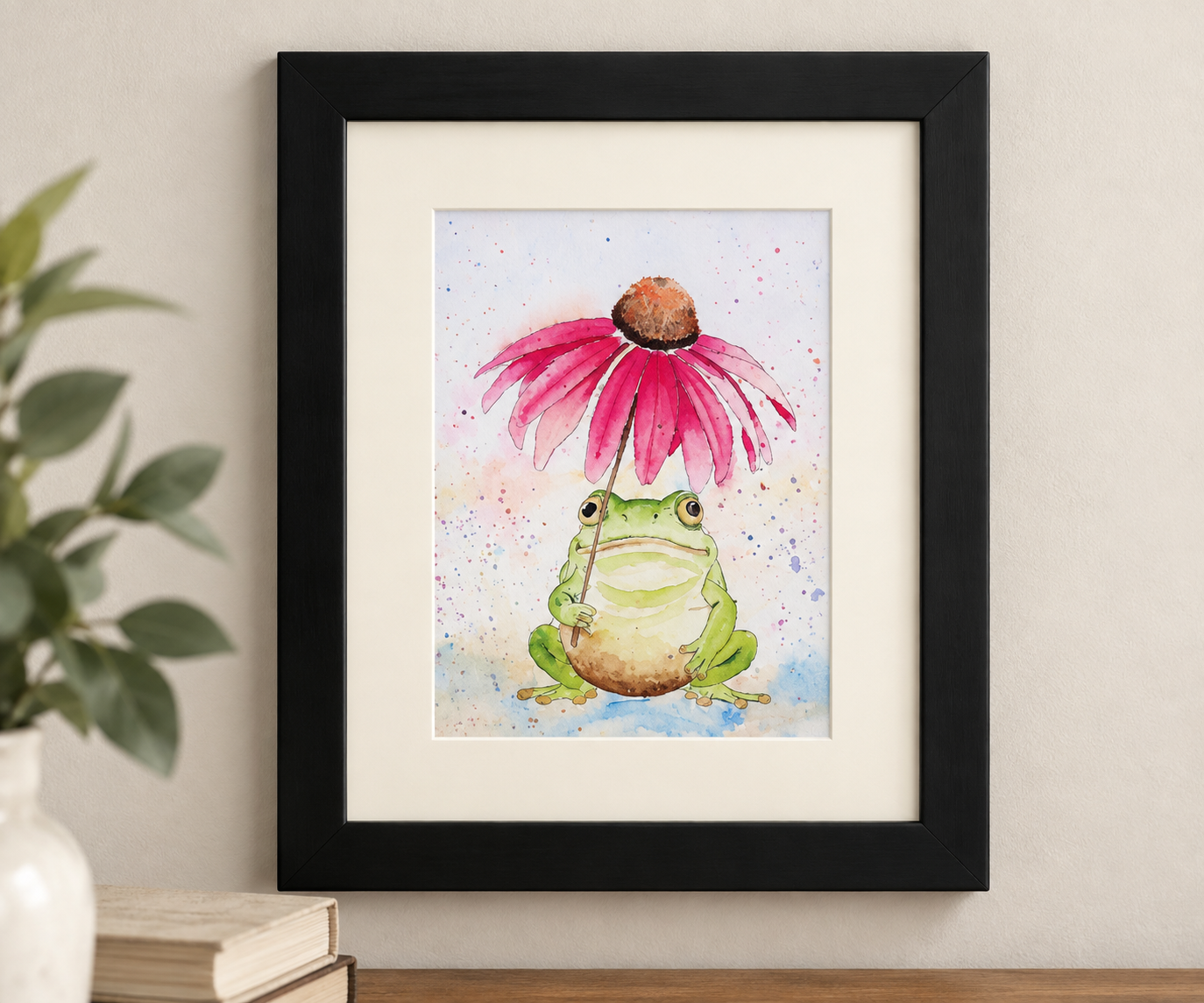 Under the Coneflower | Framed Frog Watercolor Print | 5x7 in 8x10 Frame