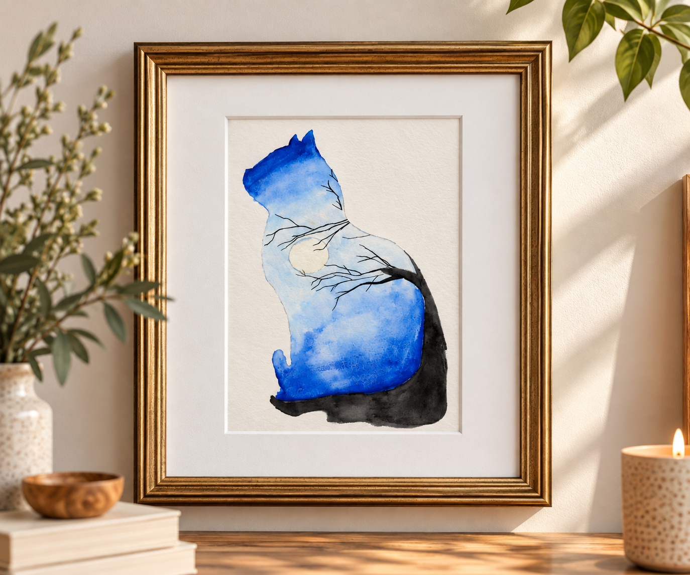 Blue Whiskers | Moonlit Cat Watercolor Print | 5x7 with 8x10 Mat