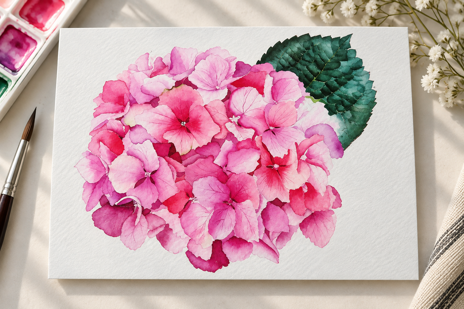 Pink watercolor hydrangea print featuring a lush cluster of soft blush and vibrant pink blossoms with deep green leaves.