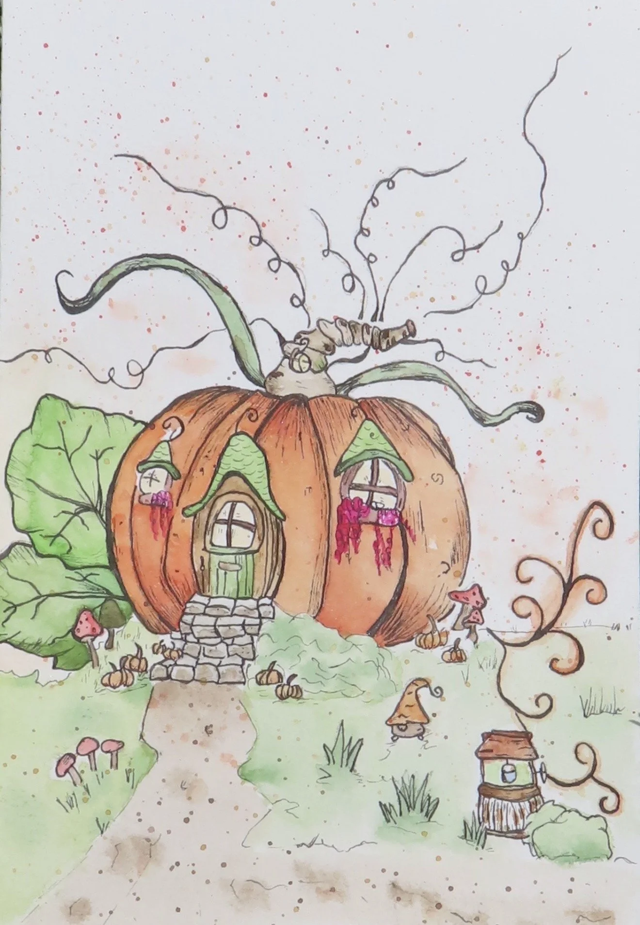 A whimsical illustration of a pumpkin house with windows, door, stone path, and steps. There are large green leaves, small mushrooms, and pumpkins surrounding the house. Vines and tendrils extend from the pumpkin, with a couple of tiny characters peeking out of the windows and a small figure near the house.