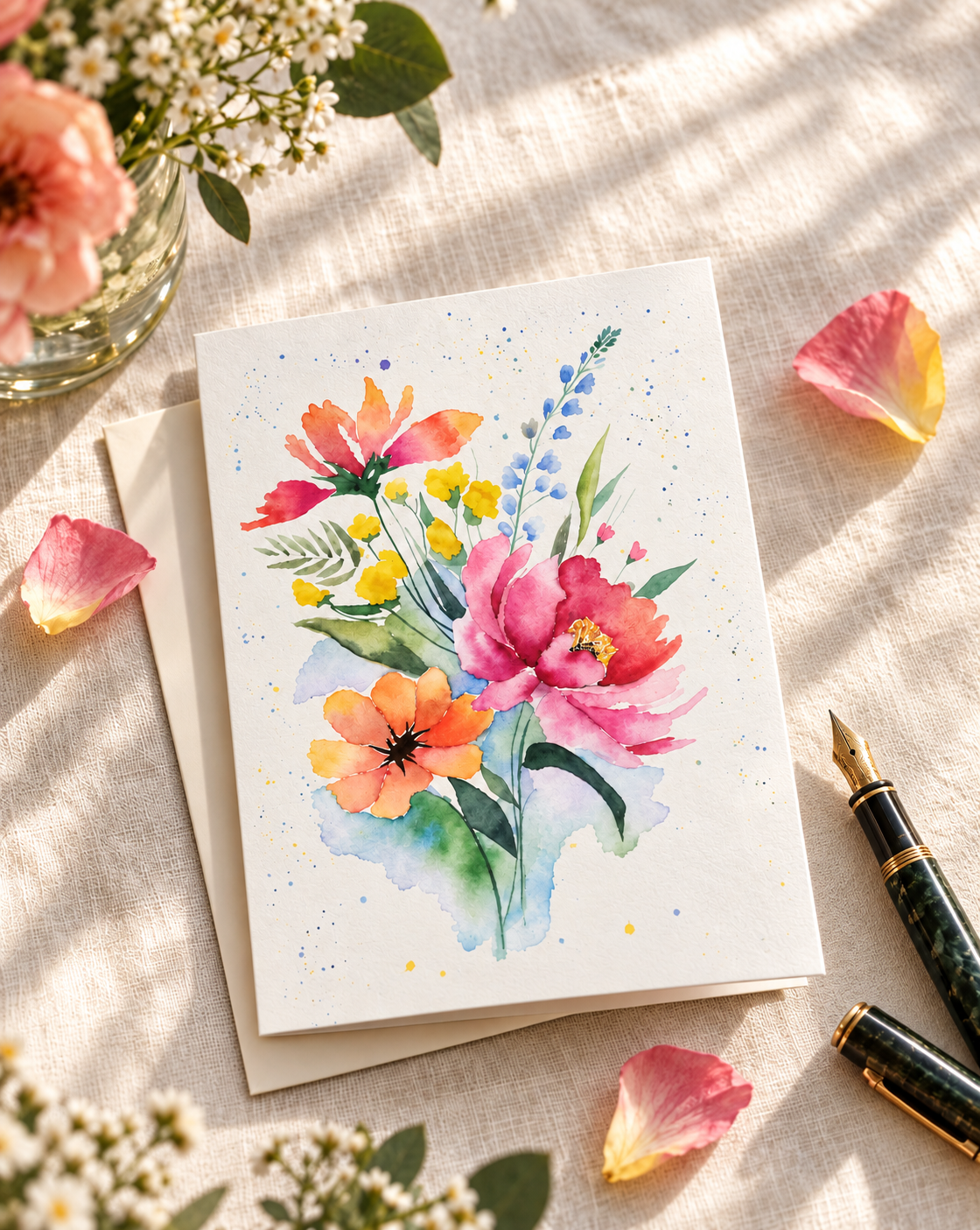 Watercolor colorful wildflower greeting card with kraft envelope, fountain pen, and pink petals.