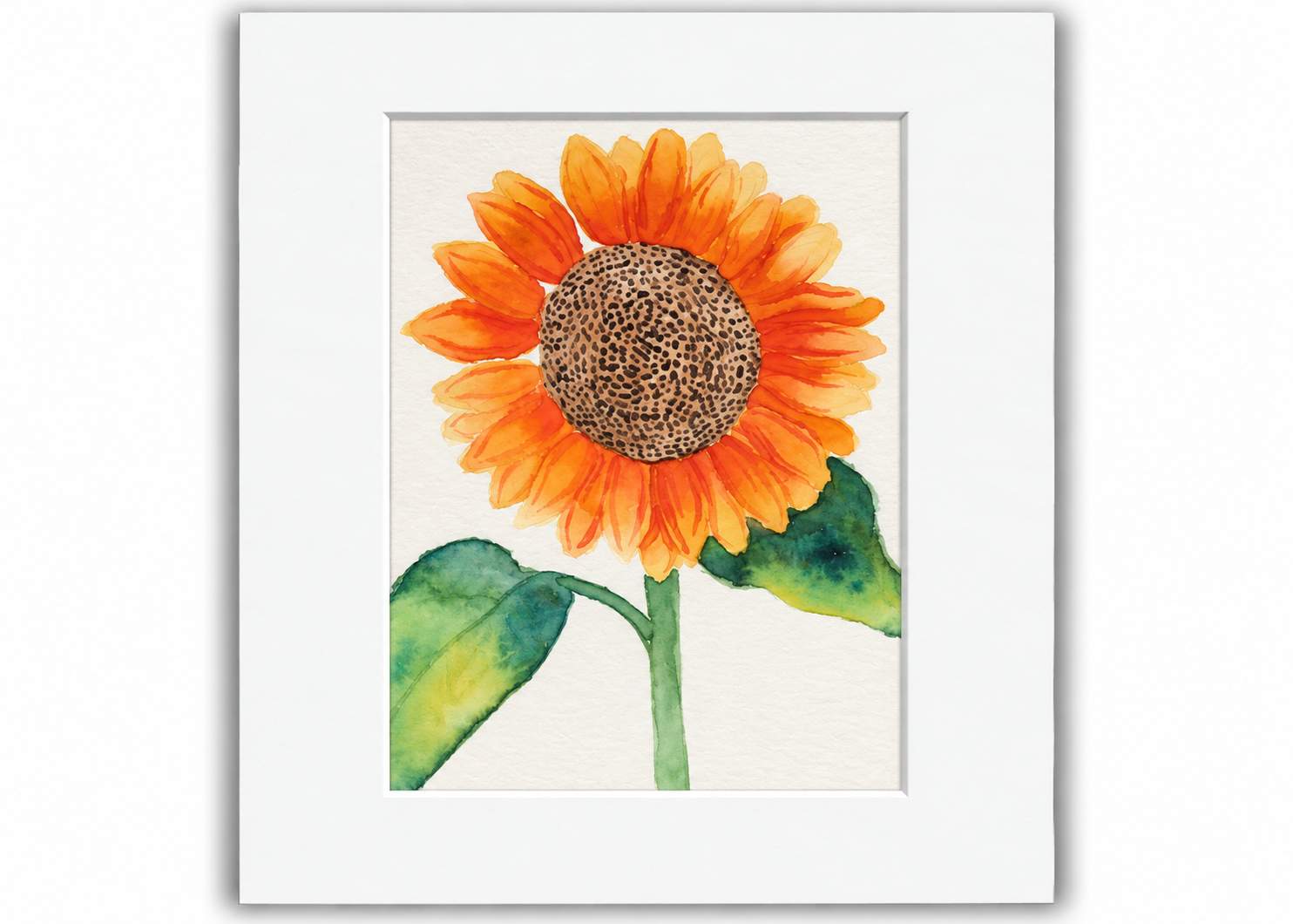 Golden Hour 5×7 watercolor sunflower print featuring orange and golden yellow petals, green leaves, and a detailed brown center, displayed in a white 8×10 mat.
