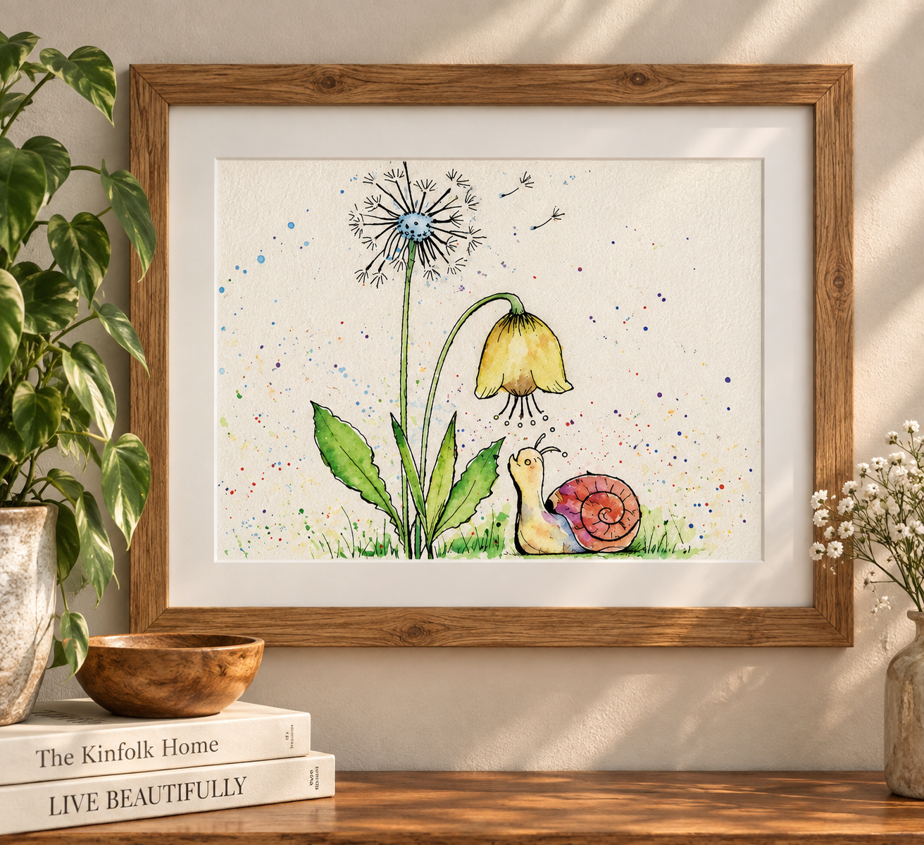 Whimsical watercolor snail and garden flower print displayed in a natural wood frame on a warm neutral wall with botanical decor.