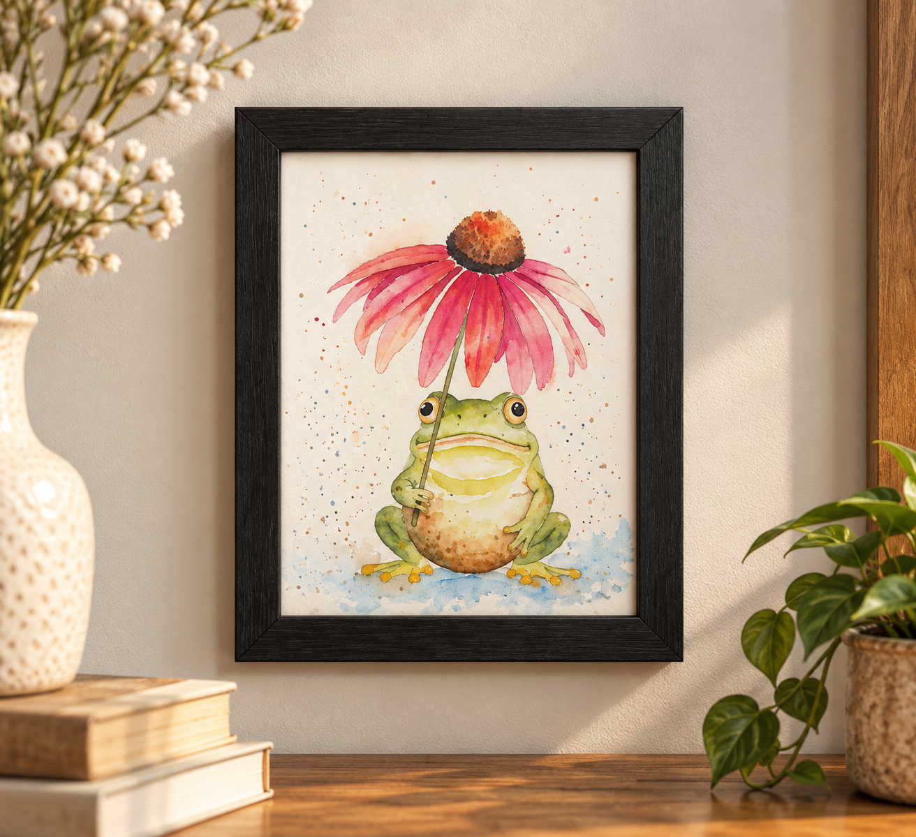 Under the Coneflower 5x7 framed watercolor print displayed on a neutral wall, featuring a green frog beneath a pink coneflower.