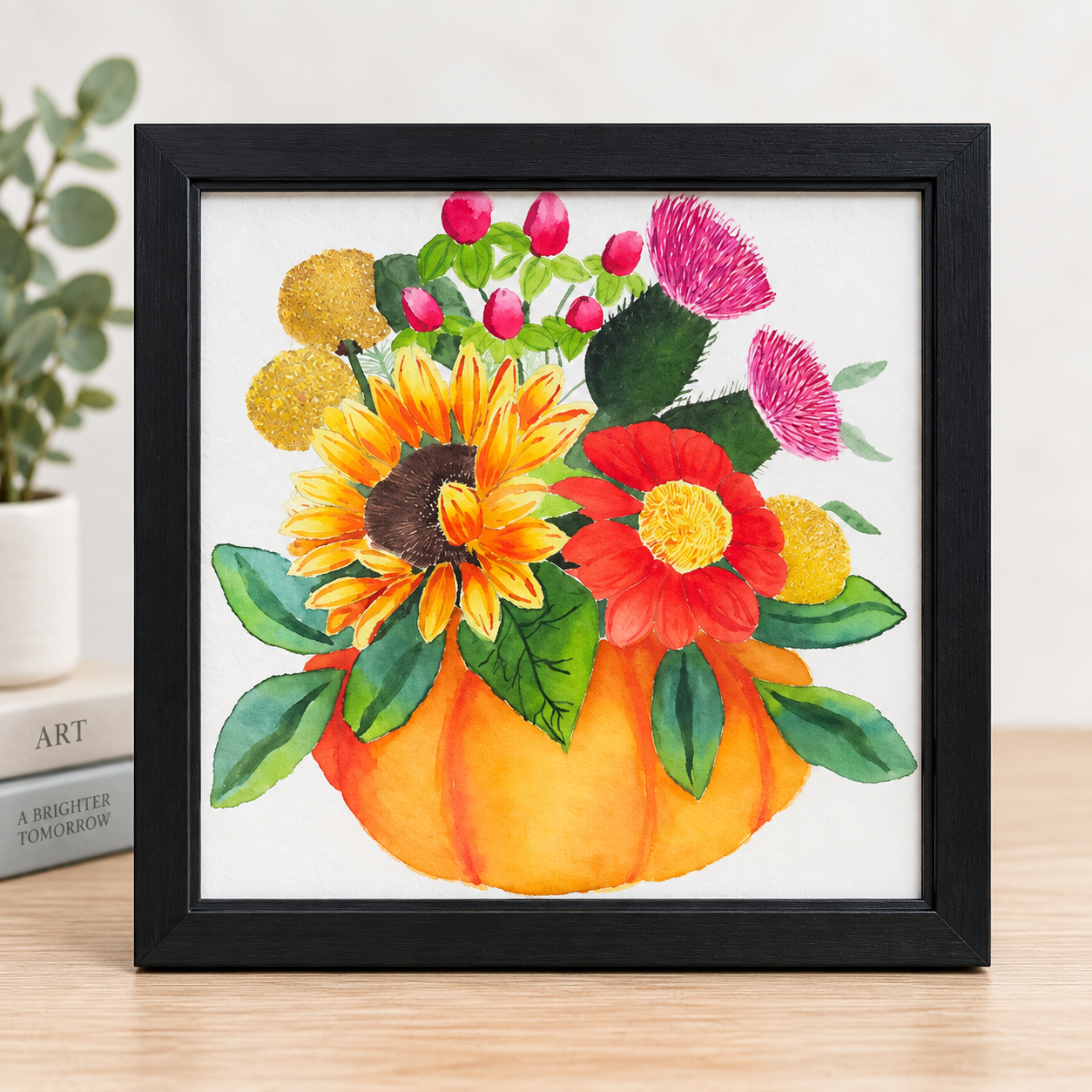 Autumn Pumpkin Floral Watercolor Framed Print – 8" × 8"