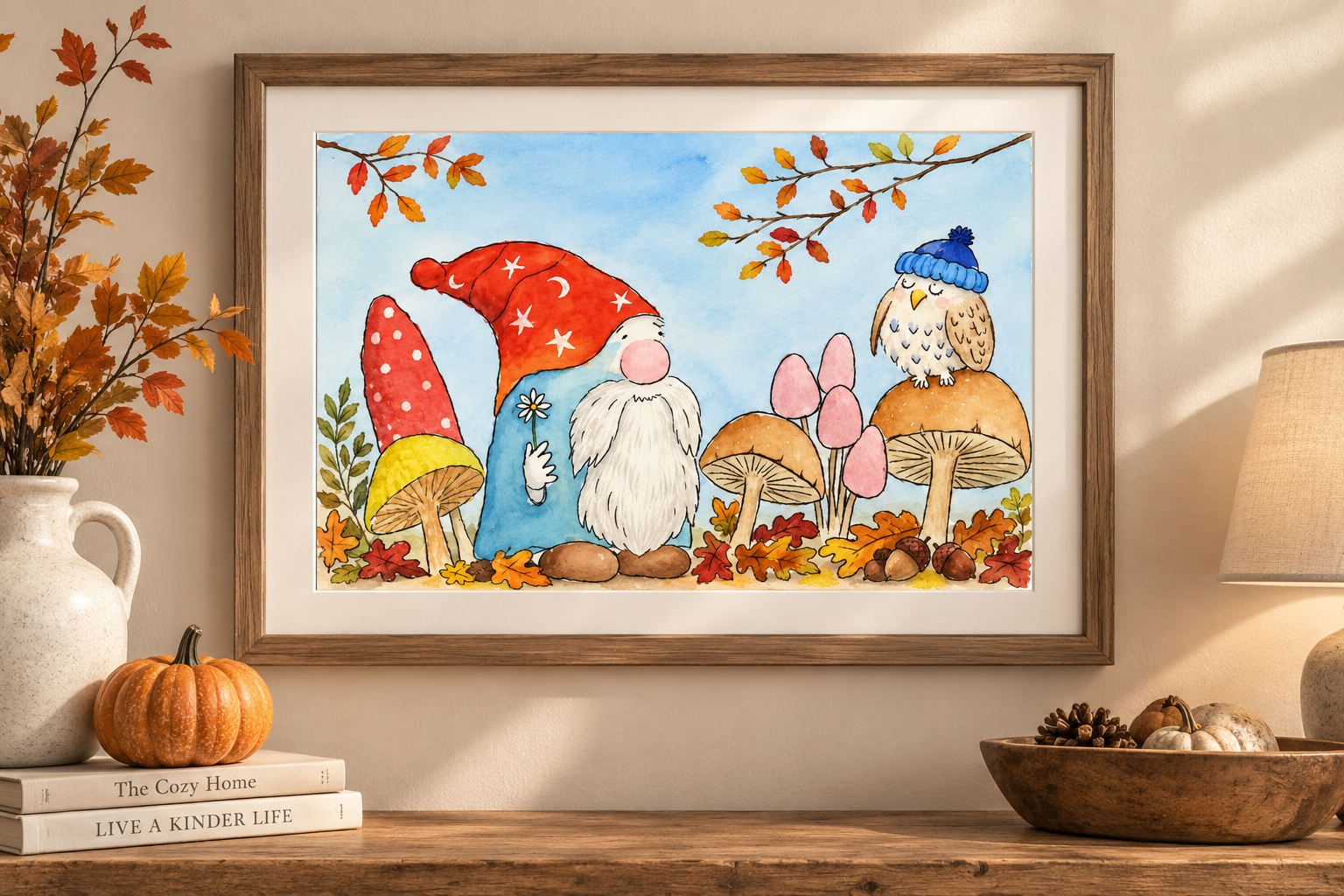 Enchanted Autumn | Gnome & Owl Watercolor Print | 5x7