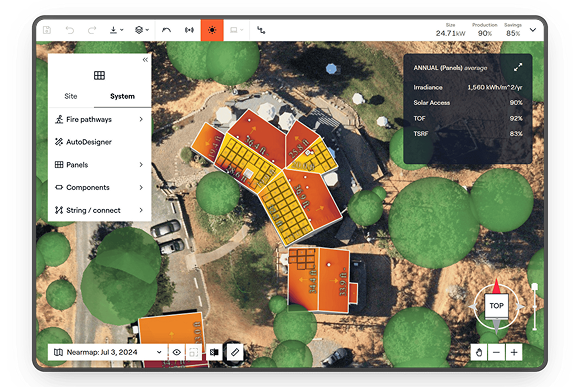 A digital architectural or engineering design software interface showing a top-down view of a building with solar panels on the roof, surrounded by trees and outdoor paths. Season and date displayed as July 3, 2024. Various system and site options are visible on the left panel, and performance metrics for annual energy production and efficiency are shown on the right.