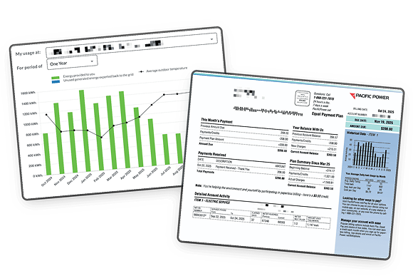 Screenshots of personal financial documents, including energy usage and electricity bill, with graphs and detailed billing information.